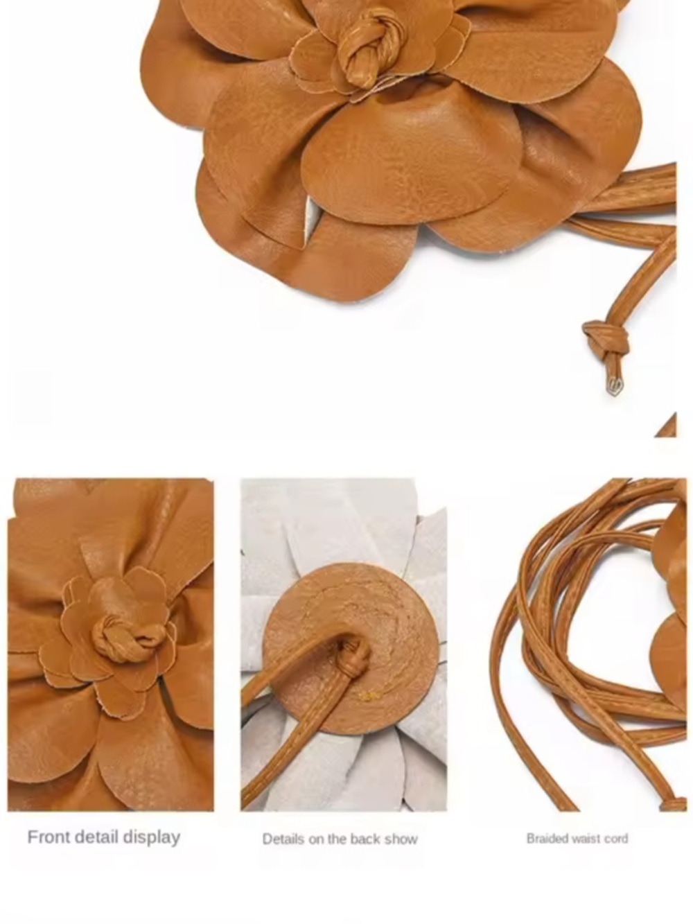 Brown Leather Flower Belt with Braided Waist Cord - Picture 3 of 3